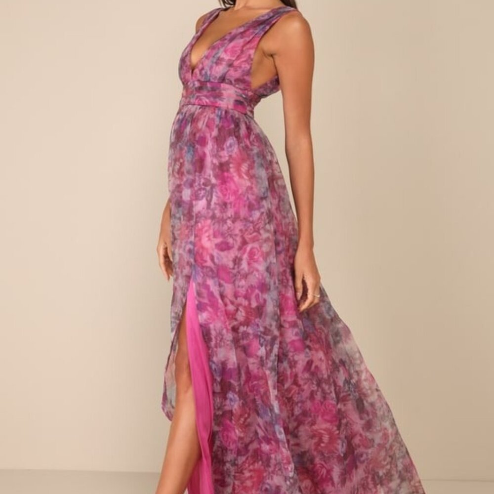 Lulus Garden Romance Magenta Floral Print Organza Maxi Dress Pink - Size L